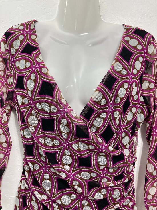 Y2K INC International Concepts 3/4 Sleeve Mesh Top Faux Wrap Ruched Fitted PM - Picture 3 of 10